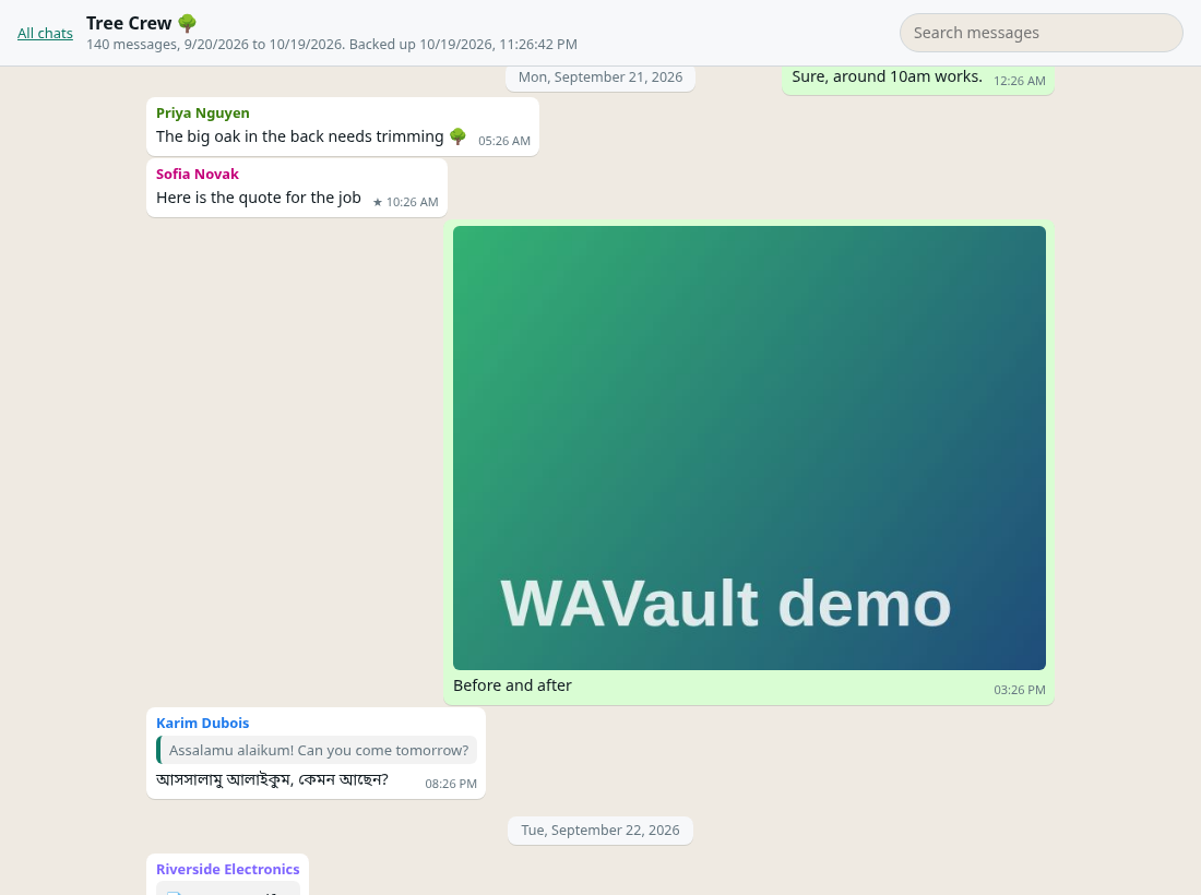 A backed-up group chat in the offline HTML viewer, with a photo and replies