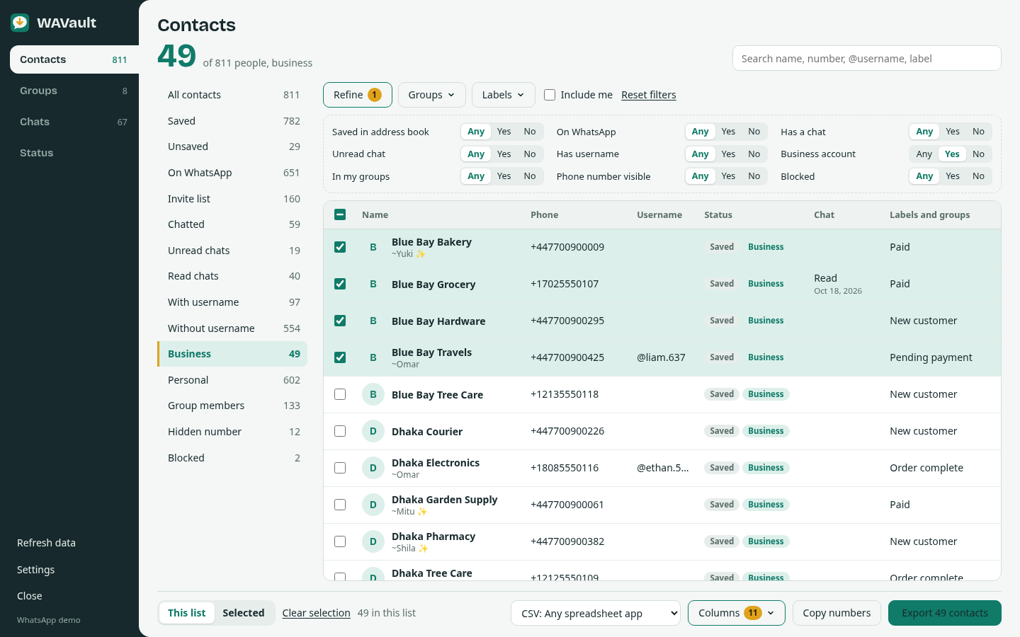 Business contacts filtered with Refine, four rows selected for export